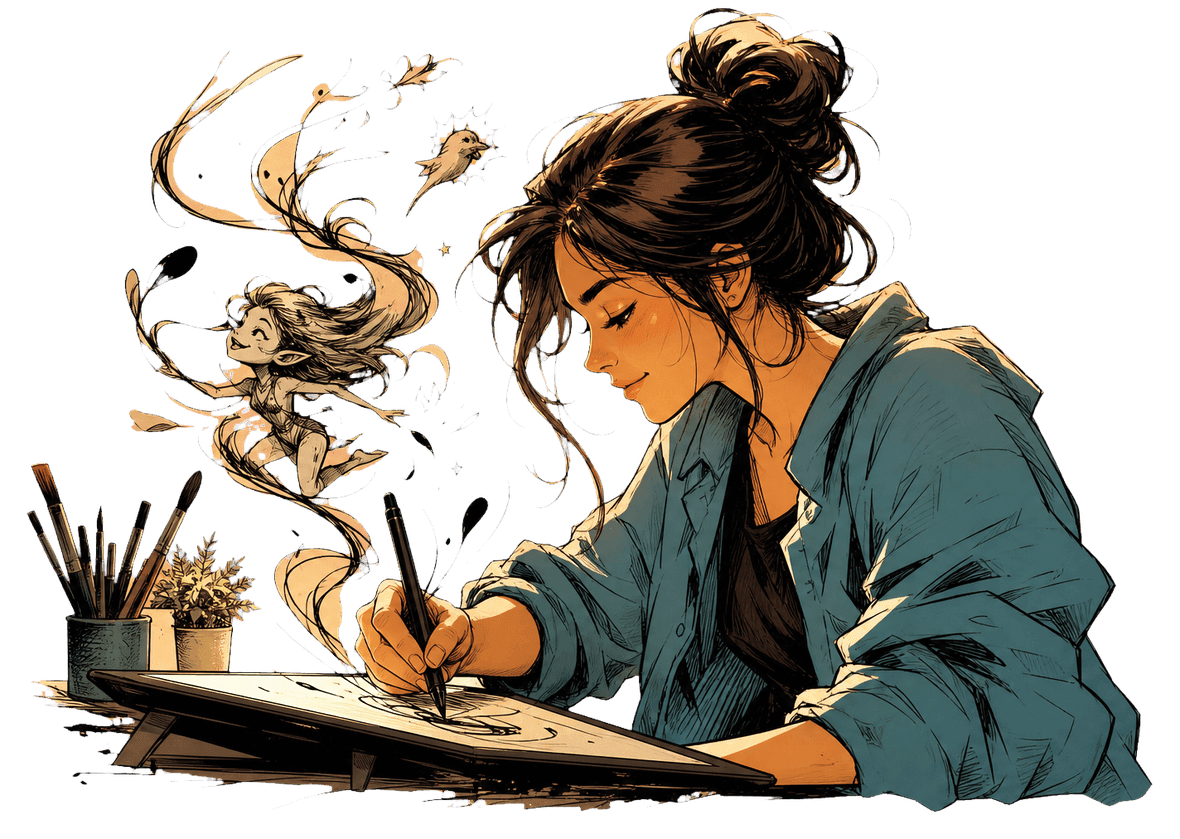 Ilustración de una artista dibujando con una tableta gráfica